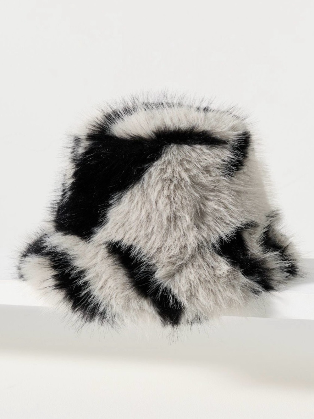 Anthropologie Faux Fur Bucket Hat in Black and Gray